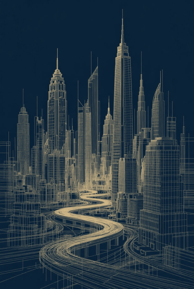 Gold-line illustration of Dubai architecture on a navy background